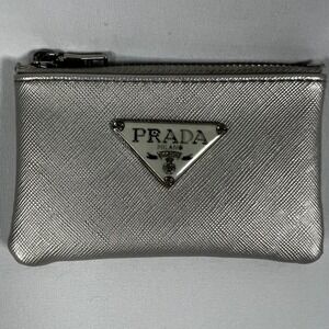 Prada Metallic Silver Saffiano Leather Triangle Logo Coin‎ Purse Mini Pouch Y2K